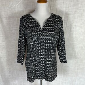 LL Bean 100% Supima cotton black and white geometric 3/4 sleeve top